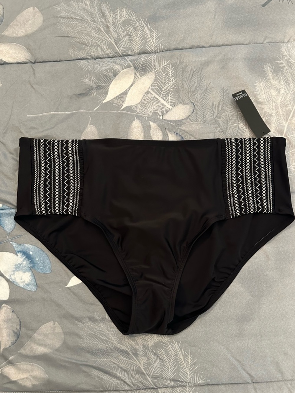 NWTS Black Women's High Waist Bikini Bottom w/Embroidered Side Panels Sz 20/22